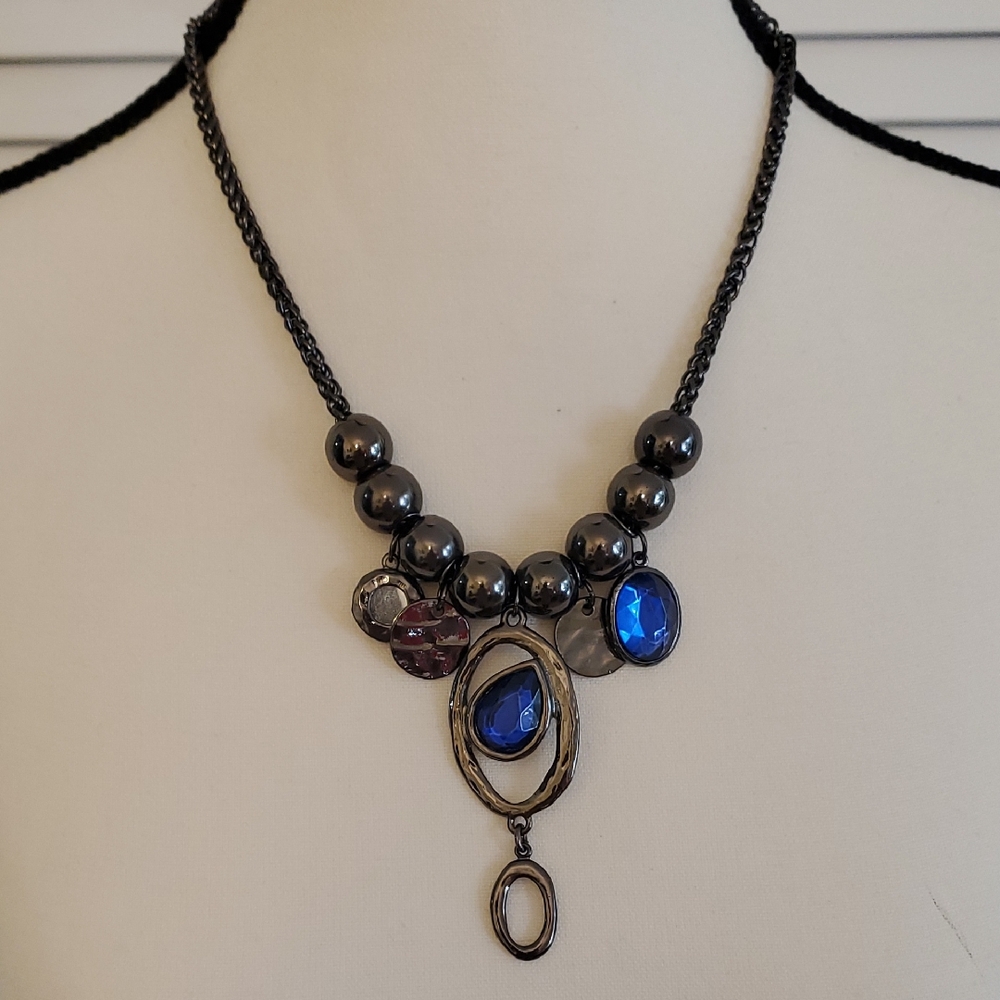 Chico's NWT Adonized Silver Tone Necklace with Blue Lucite Stones
